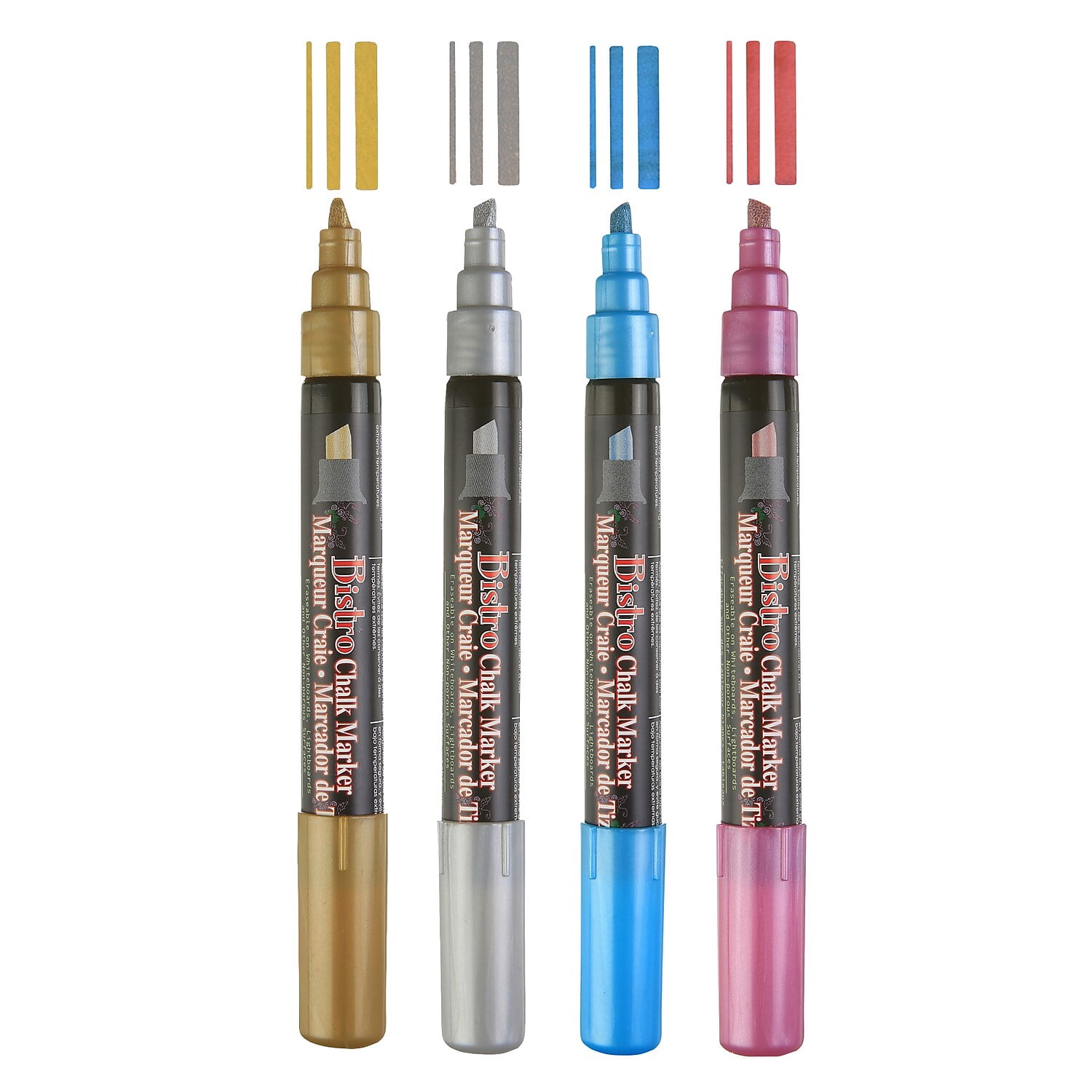 Marvy Uchida Bistro Chalk Markers, Chisel Tip, Silver, Gold, Blue, Red, 4 Per Pack, 2 Packs