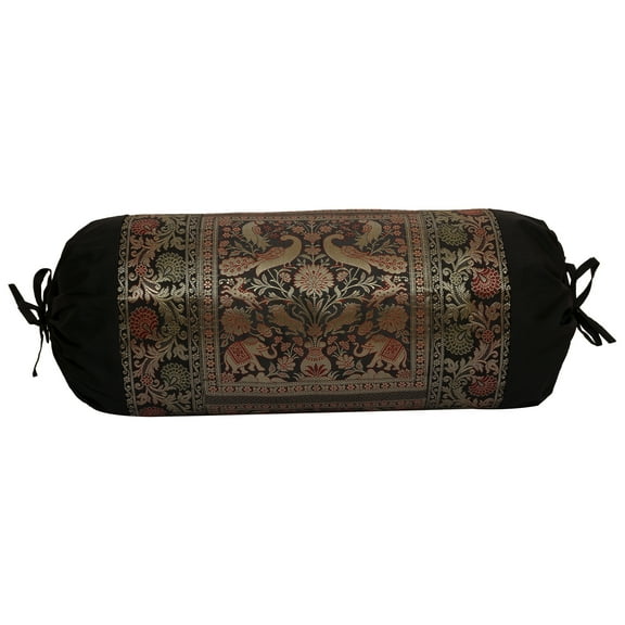 Stylo Culture Indian Polydupion Cylindrical Yoga Bolster Pillow Cover Black Jacquard Brocade Border Elephant Large Sofa Round Cylinder Cushion Cover (1 Pc) | 30x15 Inches (76x38 cm)
