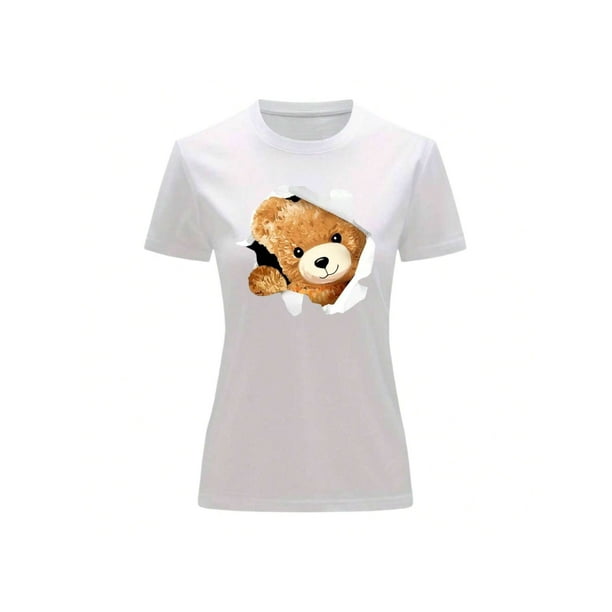 Playera Blusa Con Impresion De Oso Saliendo Del Pecho Ropa Para Mujer Color Blanco Talla Chica Marca Emil SaEs