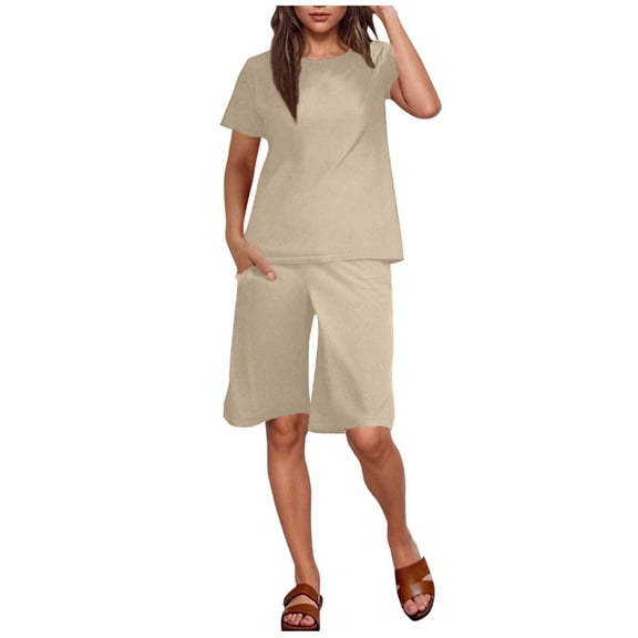Guluxicc Lounge 2 Piece Sets for Women Crew Neck Linen Breathable T-Shirt with Knee Length Bermuda Shorts Solid Basic Comfy Casual Outfits with Pockets