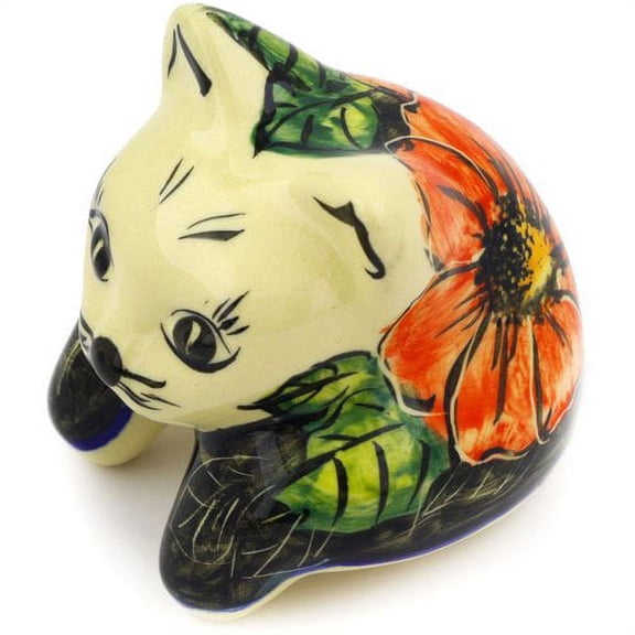 Polmedia Polish Pottery Poppy Passion Shelf Sitting Cat Figurine