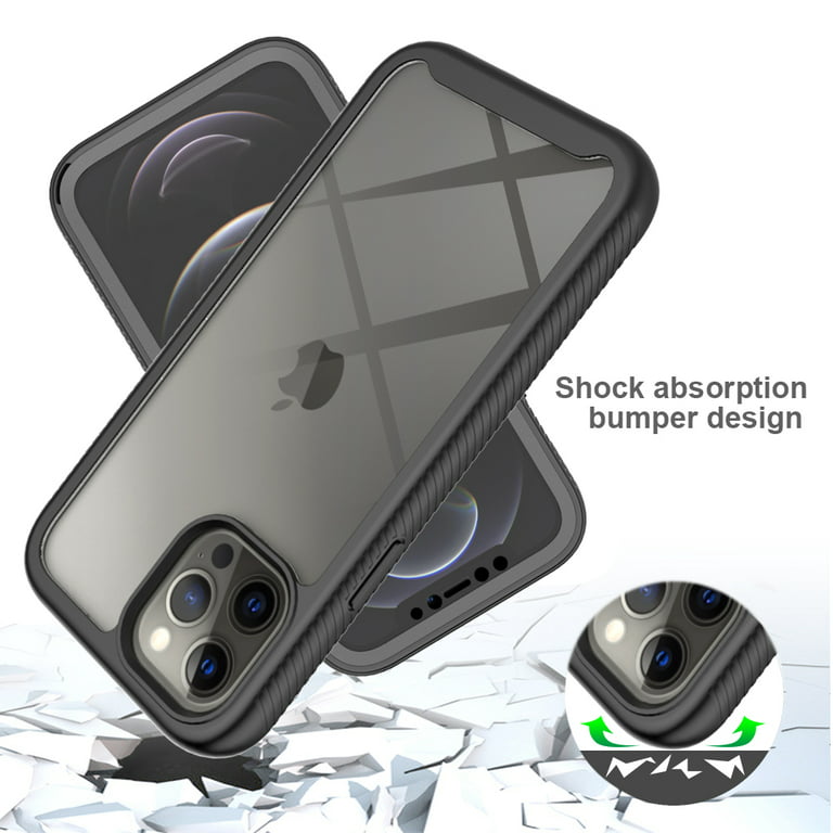 iPhone 12/12 Pro Case with Built in Screen Protector,Dteck Full-Body  Shockproof Rubber Hybrid Protection Crystal Clear PC Back Protective Phone  Case Cover for Apple iPhone 12 Pro/iPhone 12,Black 