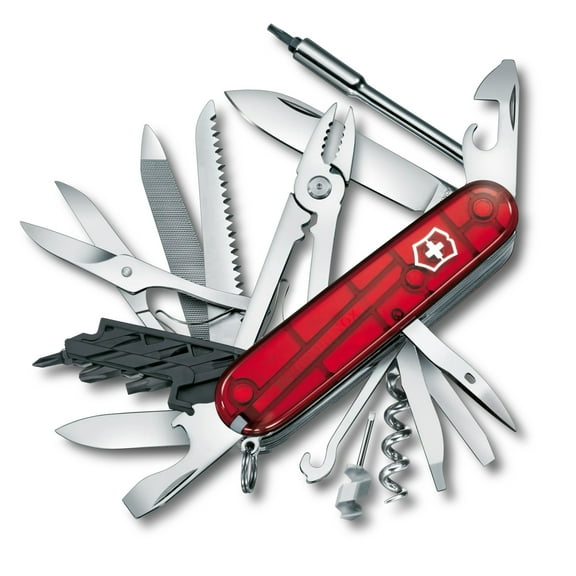 Victorinox Cyber Tool L Swiss Army Knife 39 Function Swiss Made Pocket Knife With 2 Blades (Large and Small), Multiple Bits (Hex, Torx, Philips) and 2 Saws (Wood and Metal) - Red Transparent