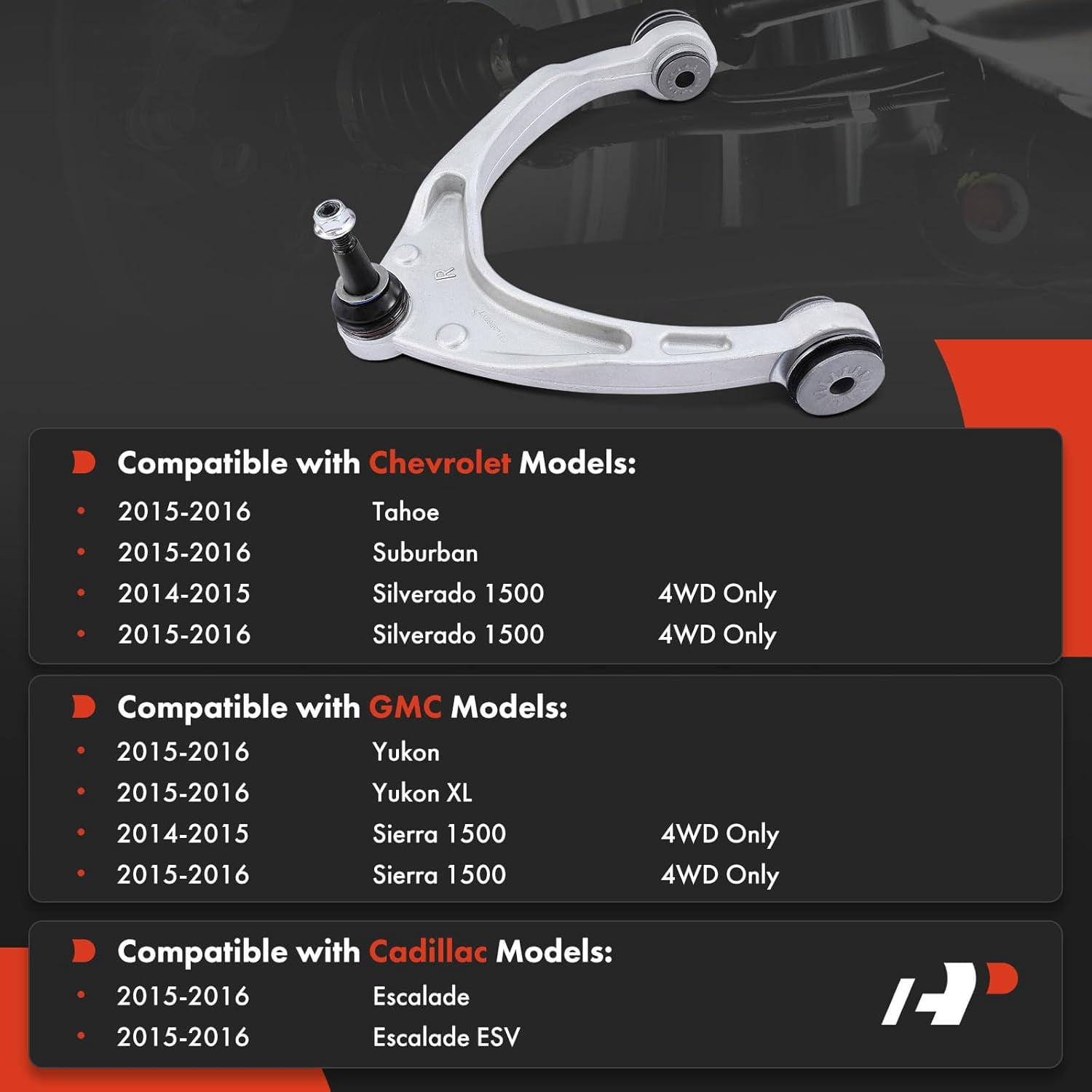 A-Premium Front Right Upper Control Arm, with Ball Joint & Bushing, Compatible with Chevy Cadillac GMC - 2014-2016 - Silverado 1500, Sierra 1500, Escalade (ESV), Yukon (XL), Tahoe, Suburban