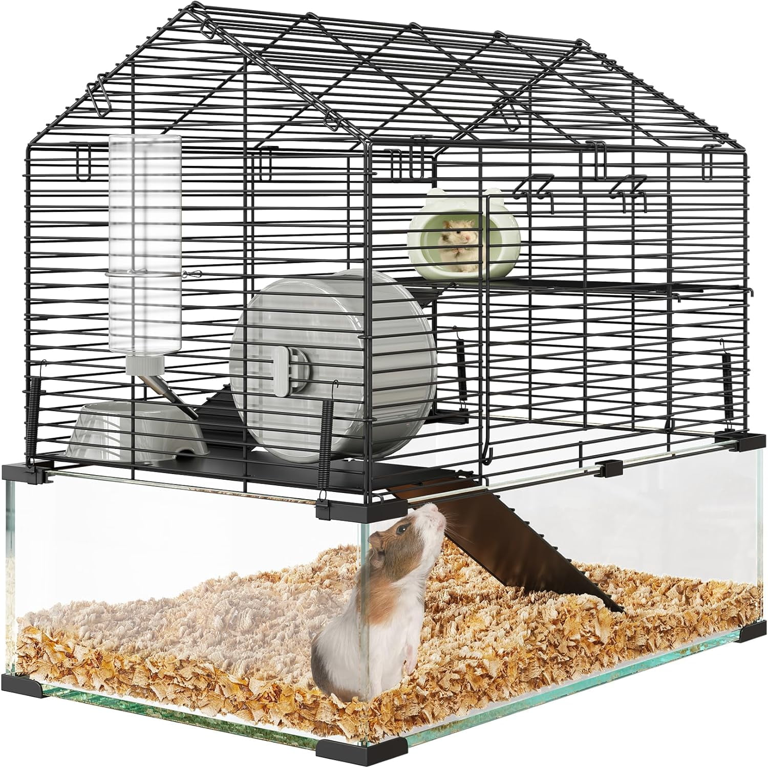 3-Tier Large Hamster Cage with 6mm Tempered Glass Base, Silent Running Wheel, Water Bottle & Food Bowl, Spacious Multi-Level Habitat for Syrian & Dwarf Hamsters, Gerbils, Mice, and Small Pets (22.
