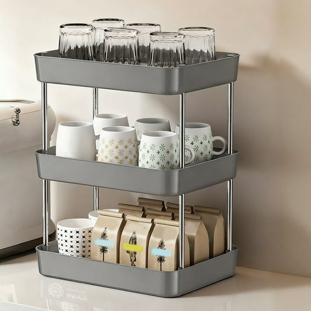 Organizador de tazas de 3 niveles | Estante de plástico para tazas de café y té | Blanco o gris | Bandeja de drenaje desmontable | Estante de exhibición para mesa de cocina y comedor