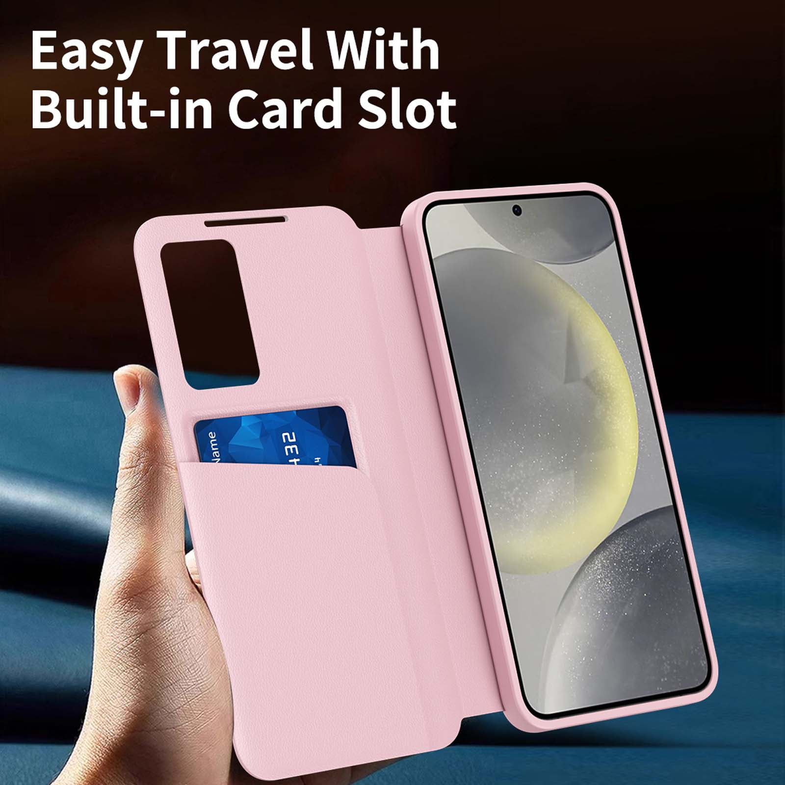 For Samsung Galaxy S25+ Case PU Leather Flip Case,With Intelligent Window,With Card Holder,Anti-fall Rugged Shockproof Protective Phone Case Cover for Samsung Galaxy S25+,Pink
