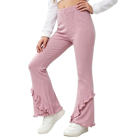 fatyb Flared Pants for Girls High Waist Cute Ruffle Bell Bottoms Kids Girls Soft Flowy Casual Trousers