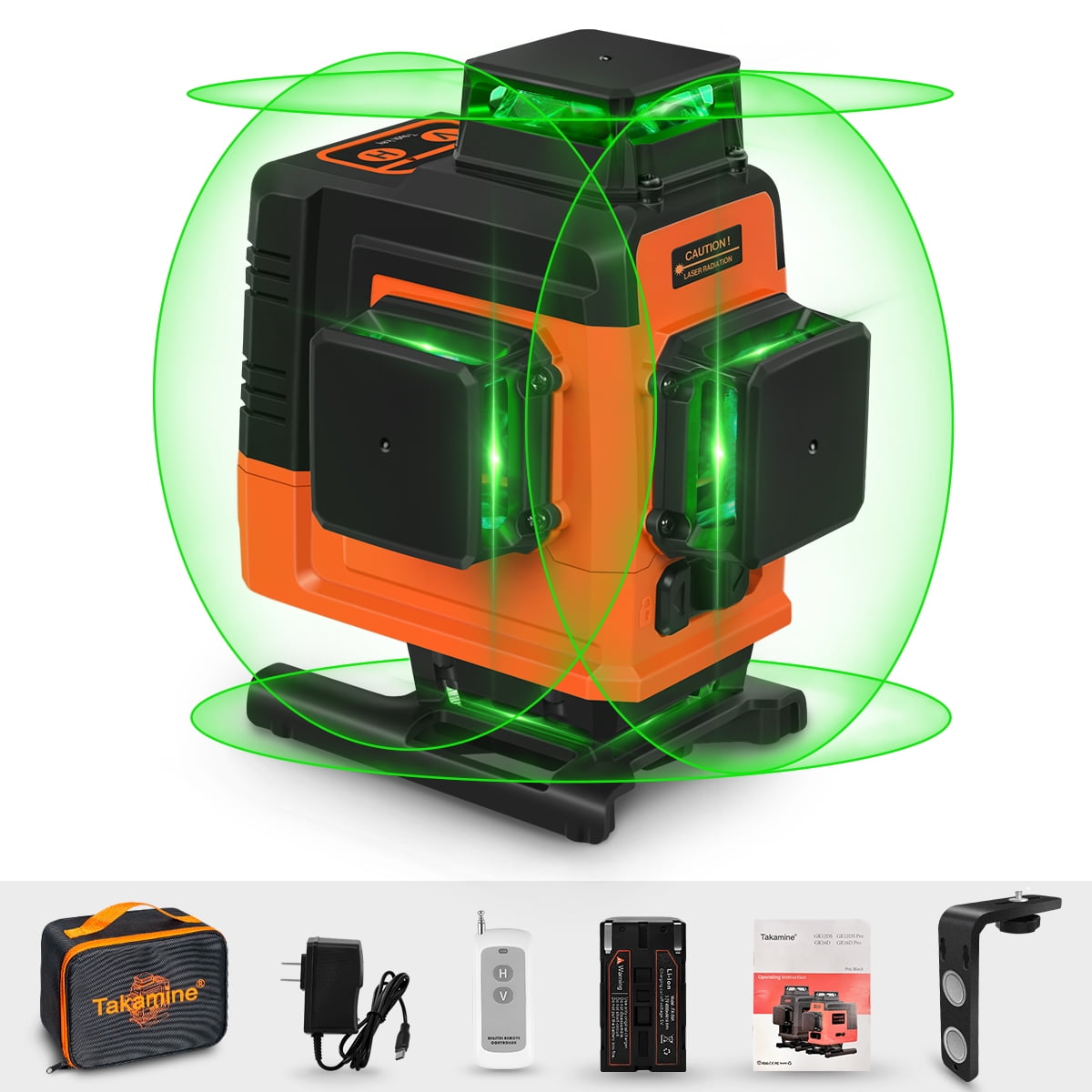 Takamine 16 Lines Laser Level Self Leveling 4x360° 4D Green Cross Line for Construction/Picture Hanging, Remote Controller, Rechargeable Li-ion battery, Magnetic Stand and portable bag