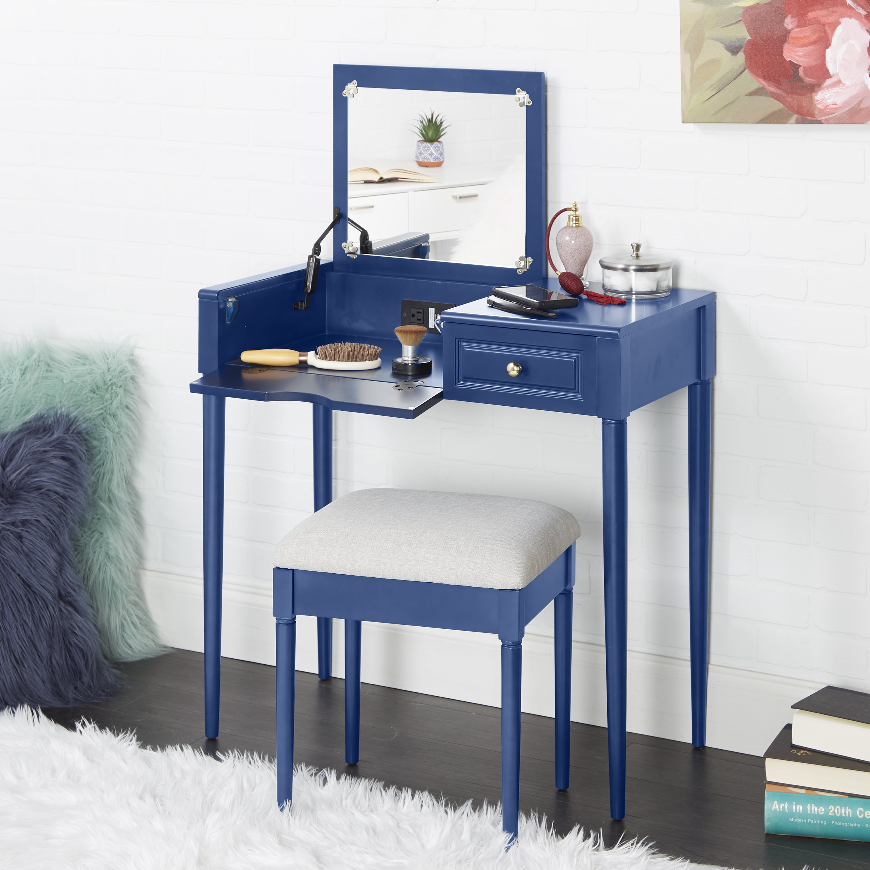 Adornments Audrey Usb Powered Vanity Console Desk With Seat Blue Walmart Com Walmart Com