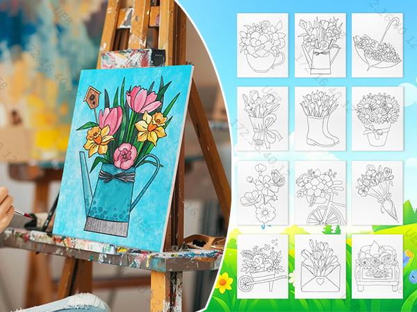 SHegdu 12PCS Pre-Printed Canvas Painting Set, 8x10in Spring Floral Theme Pre-Printed Canvas, with Reference Color Chart, Perfect for DIY Painting and Stress Relief