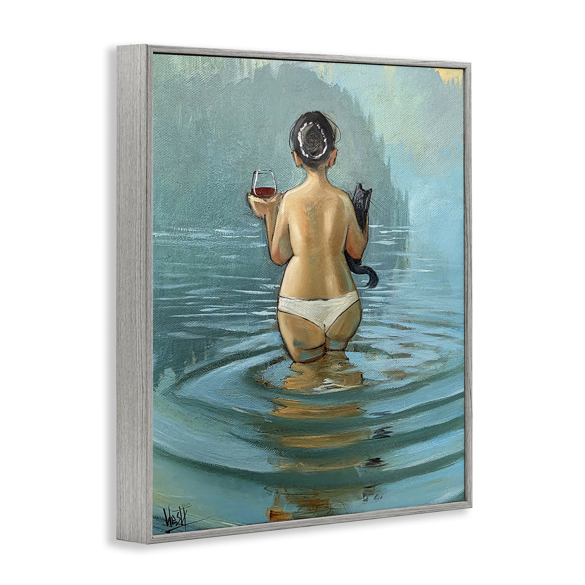 Stupell Industries Cat & Wine Dip At Twilight Gray Framed Giclee Art, design by Ronald West
