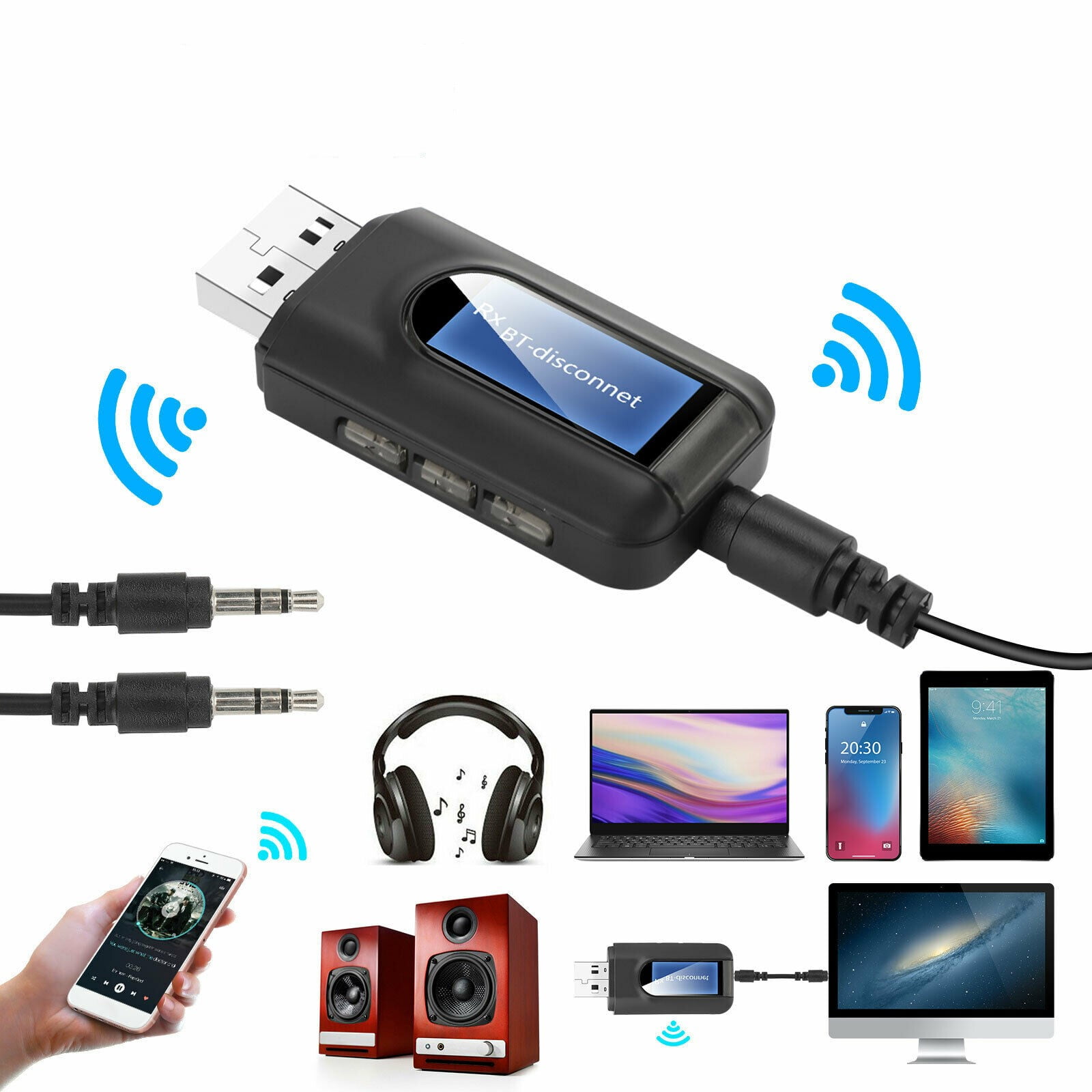 2-in-1 Wireless Bluetooth Transmitter Receiver Stereo Audio Adapter 3.5mm for TV 