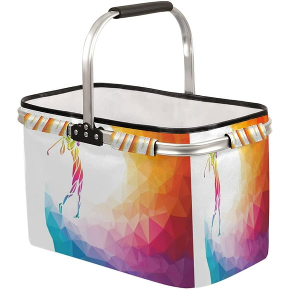 Golf Player Collapsible Market Basket Sports Theme Foldable Picnic Basket Polyester Fabric with Aluminum Alloy Frame Reusable Storage Basket for Beach Travel Shopping Camping