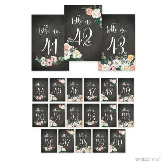 Peach Chalkboard Floral Garden Party Wedding Collection, Table Numbers 41 - 60 Single-Sided, 4 x 6-inch