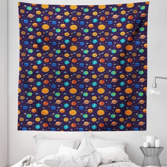 Space Tapestry, Cheerful Planets as Sun Mercury Venus Earth Jupiter Mars with Alien Spaceships, Fabric Wall Hanging Decor for Bedroom Living Room Dorm, 5 Sizes, Multicolor, by Ambesonne