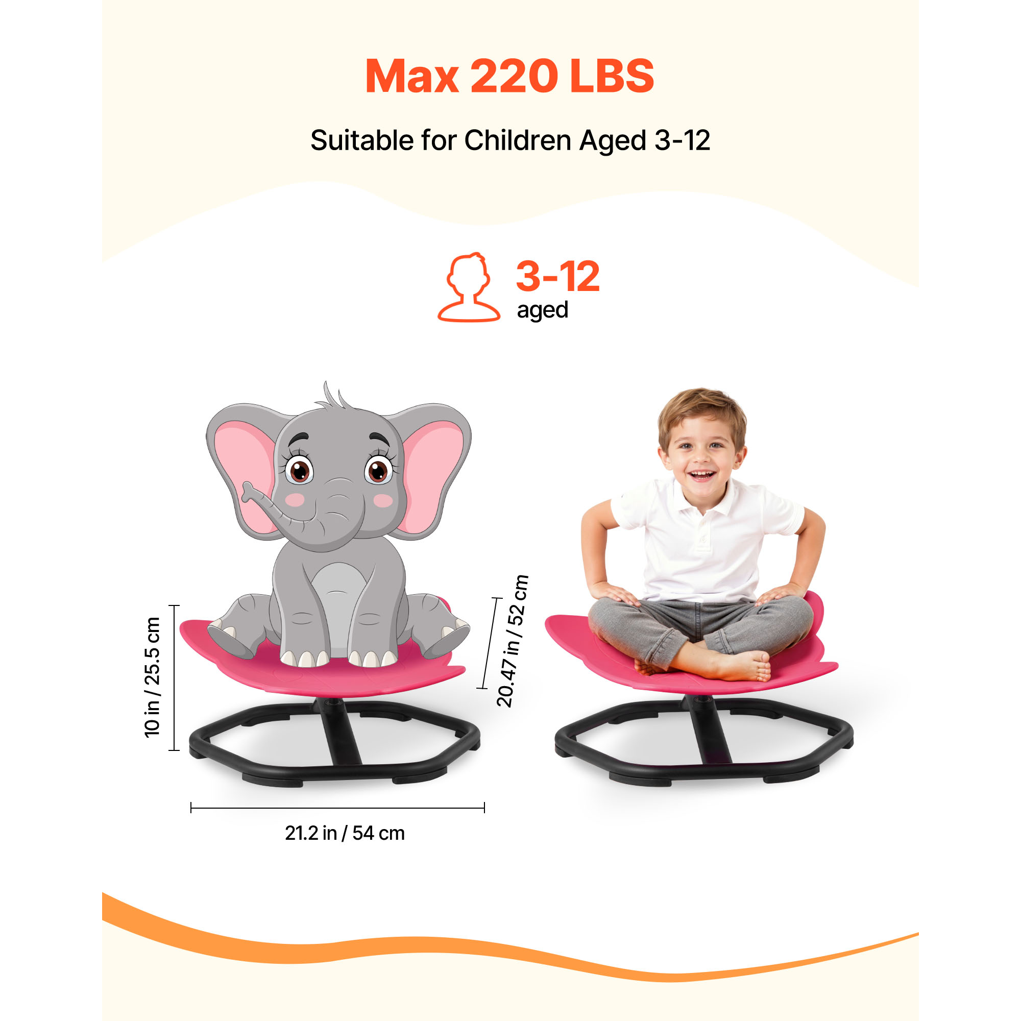 KFFKFF Kids Rotating Chair, 220 lbs Capacity, Elephant-Shaped Sensory Spinning Seat, Autism-Friendly Toy with Stable Metal Base, Toddler Spin Chair for Balance, Coordination, and Focus, Red