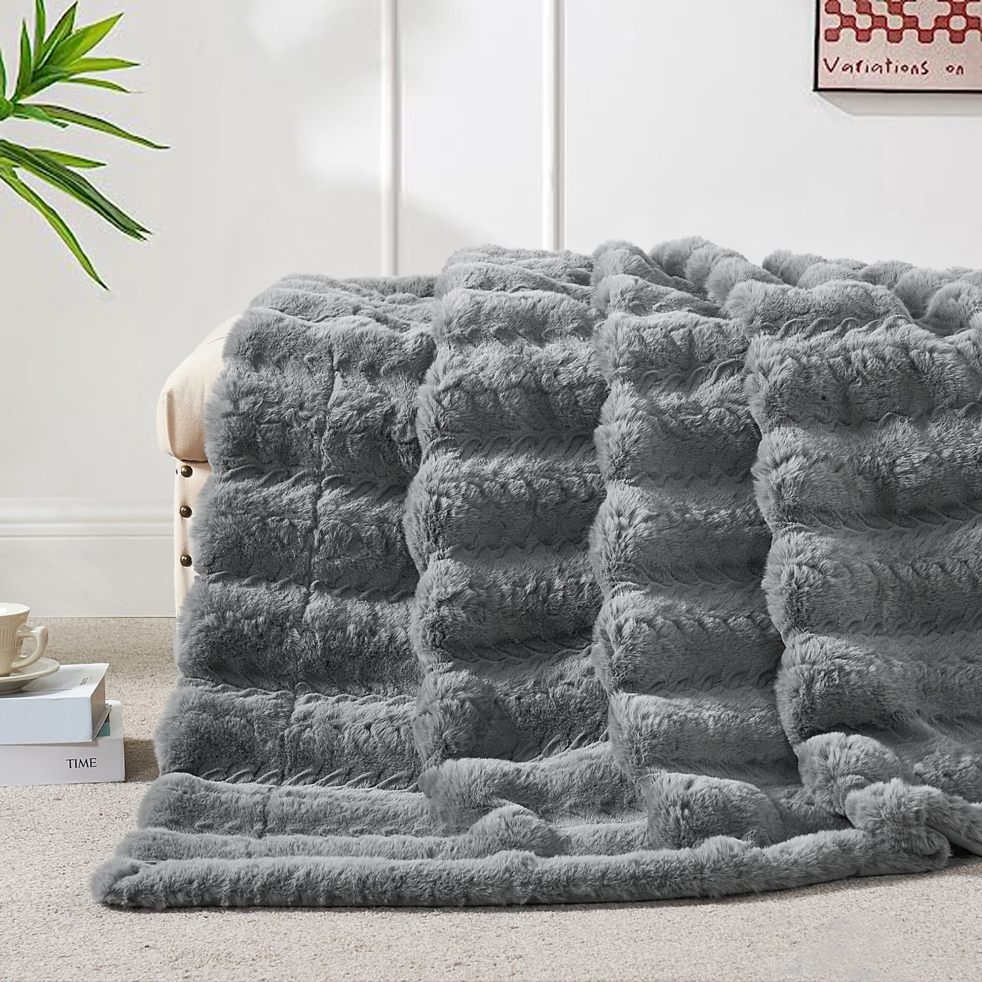 Home Soft Things Tread Pattern Faux Fur Throw Blanket with Micromink Back, Luxury Soft Cozy Plush Fluffy Fuzzy Reversible Thick Warm Throw Blanket, 60x70 inches, Grey