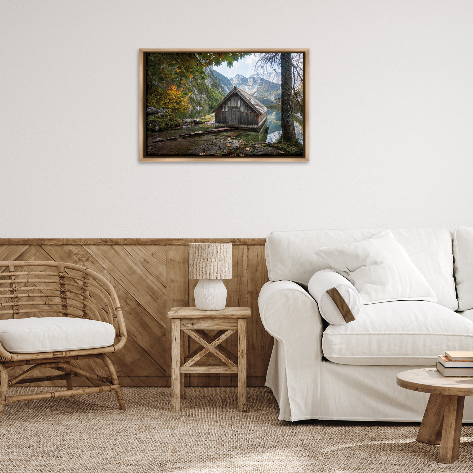 Stupell Industries Mystical Cabin on Lake Landscape & Nature Photography Brown Floater Framed Canvas Art Print Wall Art, 31 x 21