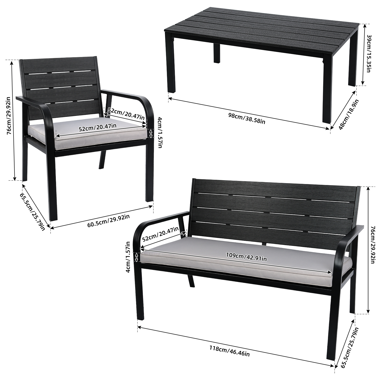 OWSOO 4 Pieces Patio Garden Sofa Conversation Set Wood Grain Design PE Steel Frame Loveseat All Weather  Furniture Set with Cushions Coffee Table for Backyard Balcony Lawn Black and Grey - image 2 of 7