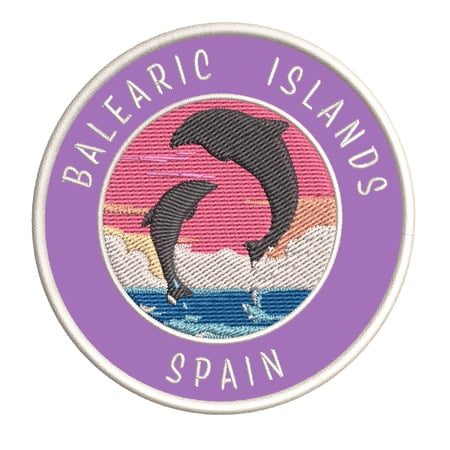 Balearic Islands, Spain Dolphin Sunset 3.5 Inch Iron Or Sew On Embroidered Fabric Badge Patch Ocean Beach, Salt Life Iconic Series