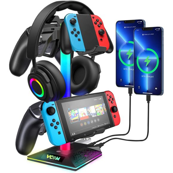 VCOM RGB Gaming Headphones Stand with 2 USB Ports, Pink Headset Stand with 10 Light Modes and Non-Slip Rubber, Suitable for PC Desk Accessories Gamers Gift(Pink)