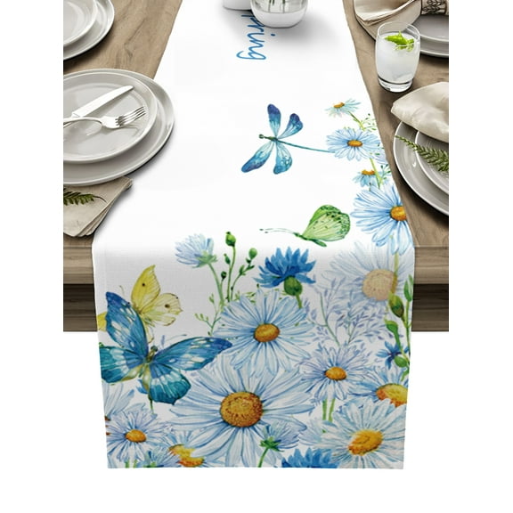 Table Runner Dresser Scarves 90 Inch Long, Spring Butterfly in Daisy Linen Dining Table Runners Watercolor Blossom Flowers Tabletop Scarf for Wedding Holiday Party Kitchen