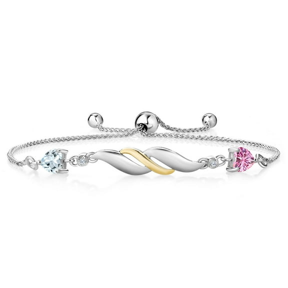 Gem Stone King 925 Silver and 10K Yellow Gold Bracelet for Women Aquamarine Pink Moissanite (0.93 Cttw) and Lab Grown Diamond