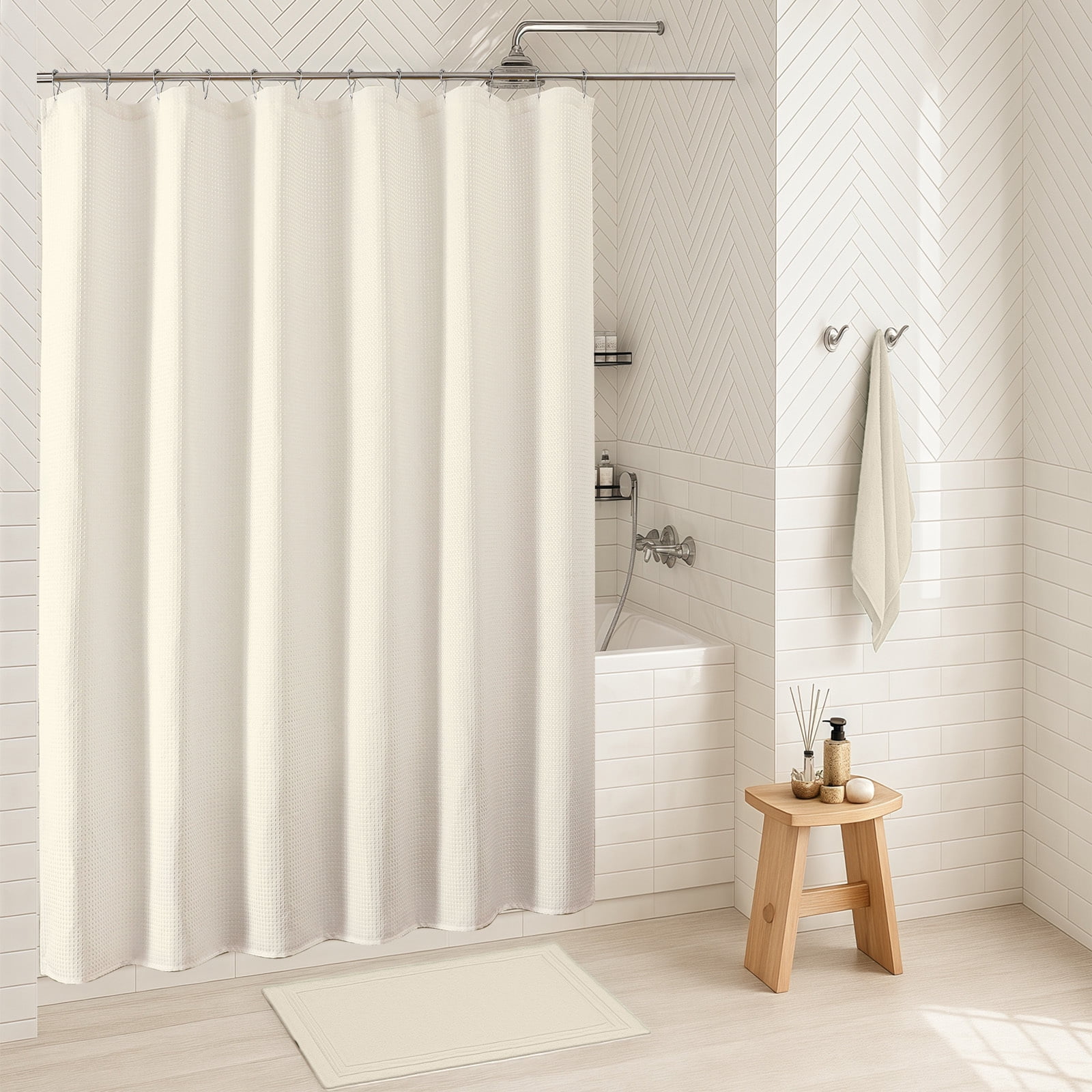 OVZME Cream Extra Long Waffle Textured Cloth Shower Curtain - 96 inch Long Hotel Luxury Heavy Duty Soft Fabric Shower Curtains for Bathroom, 72"Wx96"H, Cream