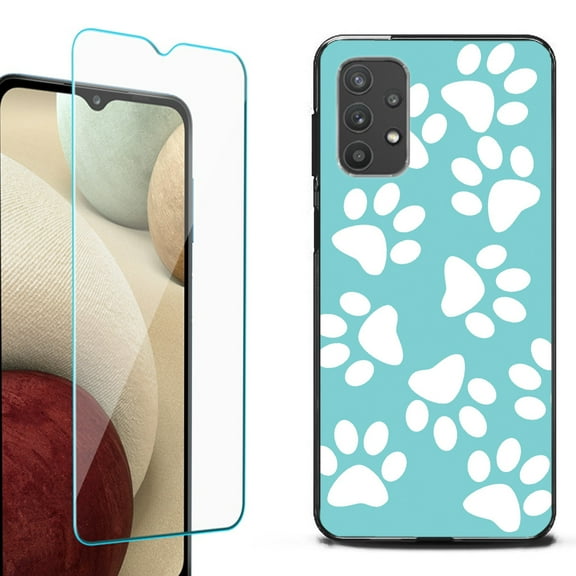 Slim-Fit Flexible TPU Gel Phone Case (black) for Samsung Galaxy A32 5G, with Tempered Glass Screen Protector, by OneToughShield ® - Pet Paw / Teal