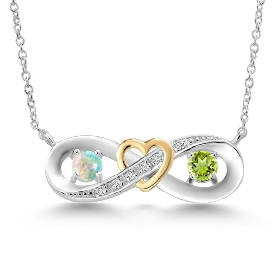 925 Silver and 10K Yellow Gold Round White Simulated Opal Green Peridot and Lab Grown Diamond Two-Tone Heart Interlocking Infinity Symbol Pendant Necklace for Women (0.61 Cttw, with 18 inch Chain)