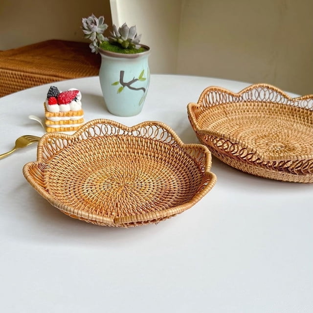 Cestas de frutas redondas de ratán, cuencos de mimbre para almacenar, cuencos de cestas de servicio tejidas naturales