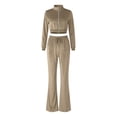 thumbnail image 4 of Unir Casual Velvet 2 Piece Tracksuit For Women, Long Sleeve Zip Crop Top & Elastic Drawstring Flared Pants Soft Plush Loungewear Outfit S-XXXL Plus Size Friendly True To Size, 4 of 6