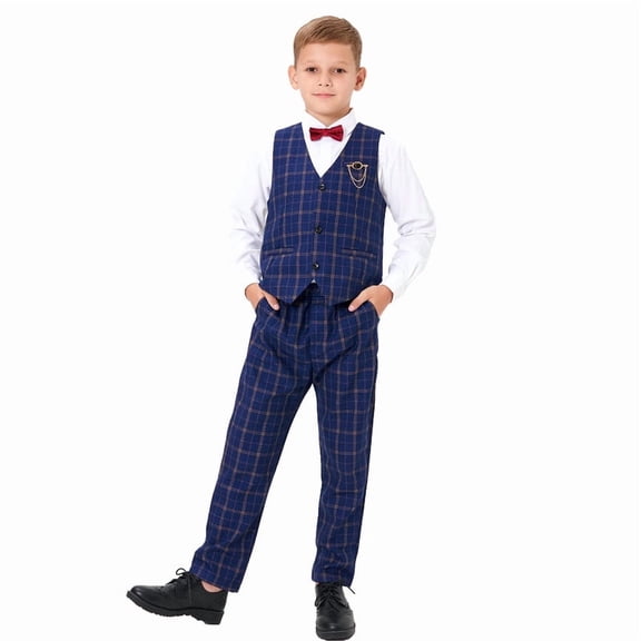LOLANTA Boys Vest Pants Set Plaid Dress Suit with Shirt Kids Tuxedo Formal Wedding Ring Bearer Outfit