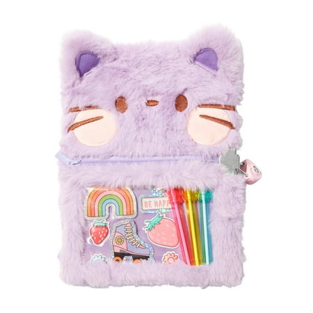 Claire's Children's Purple Kitten Plush Blank Diary with Stickers and Pens, 25 Pages