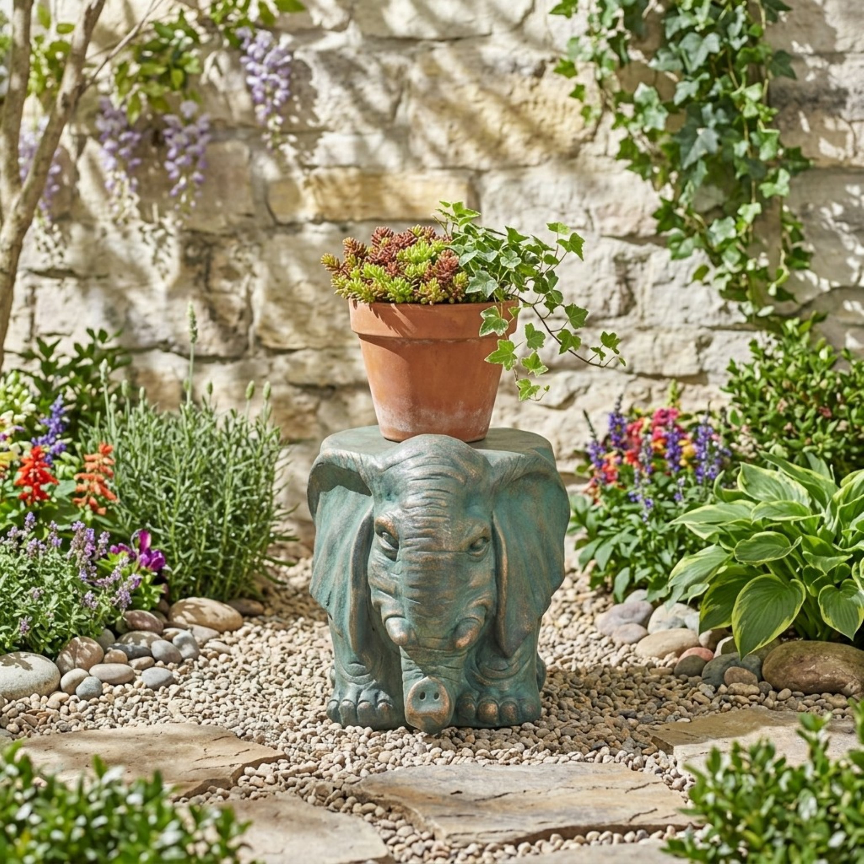 Mintazer Verdigris Copper Patina Elephant Garden Stool, Weatherproof Concrete Animal Sculpture Plant Stand Accent Side Table for Patio Lawn Balcony