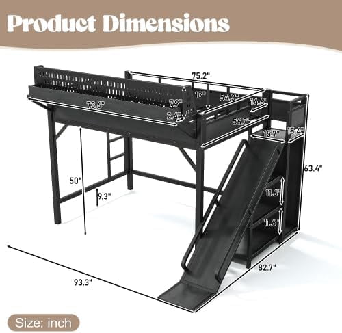 Full Size Metal Loft Bed Frame with Slide, Storage Shelves & Built-in Wardrobe, Black