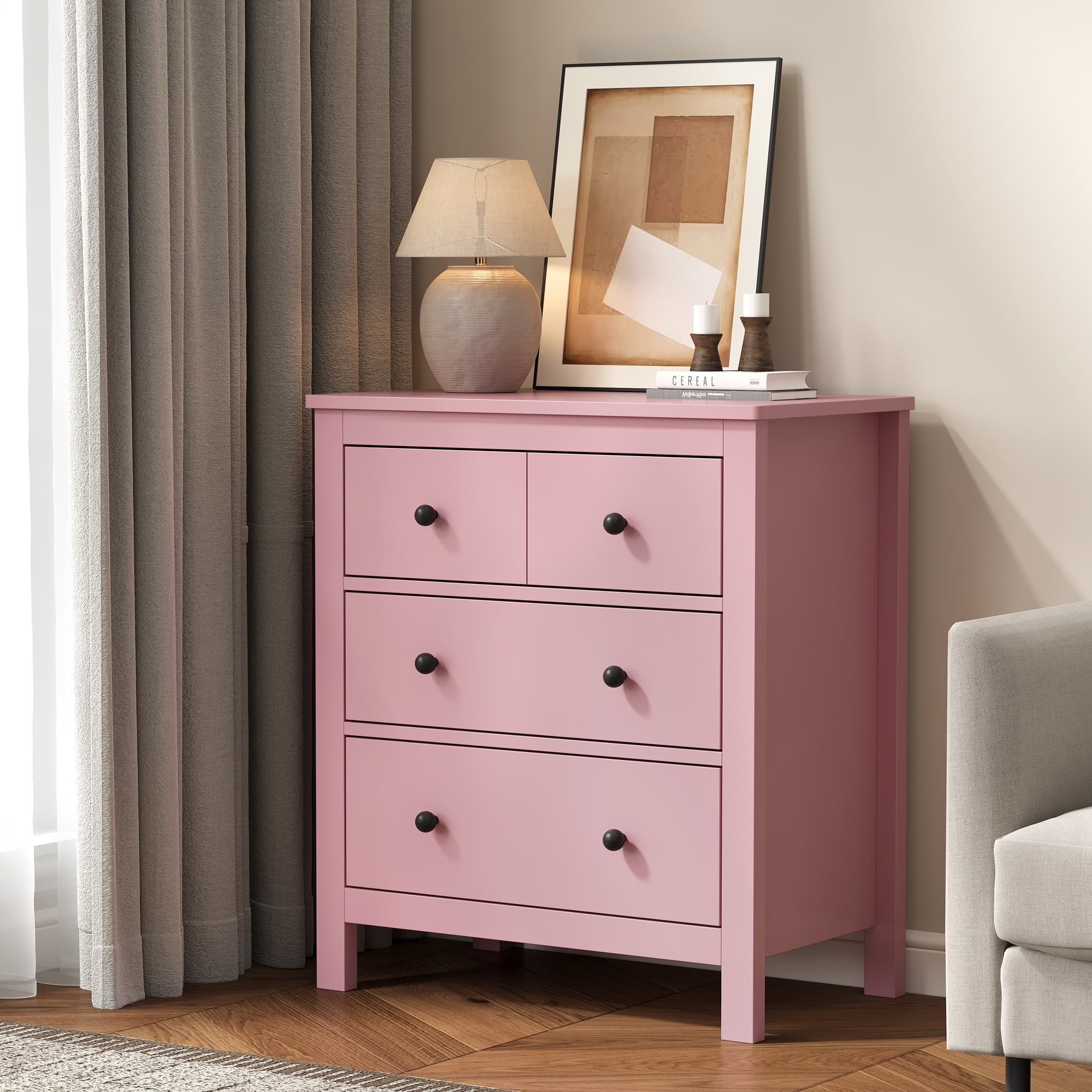 Heynemo 27" Wood Chest of Drawers with Storage Drawers for Living Room, Bedroom, Entryway, Pink