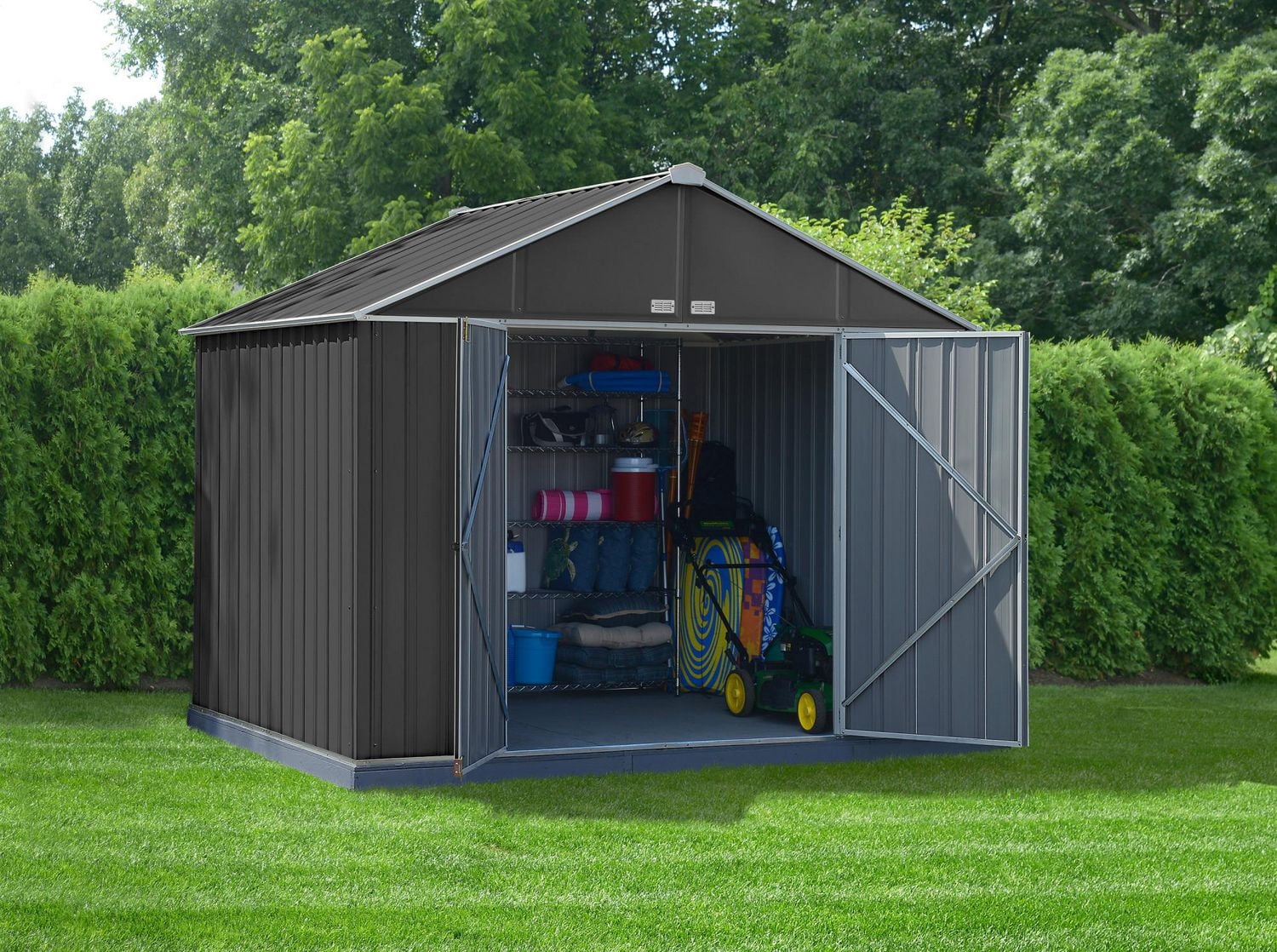 EZEE Shed Steel Storage 10 x 8 ft. Galvanized Extra High Gable Charcoal with Cream Trim