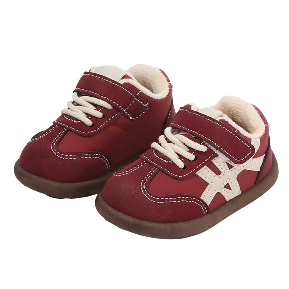 Toddler Girls Boys First Walking Shoes Winter Warm Color Block Sneakers Antislip Soft Sole Outdoor Tennis Athletic Shoes with Hook and Loop Wine 5 Infant