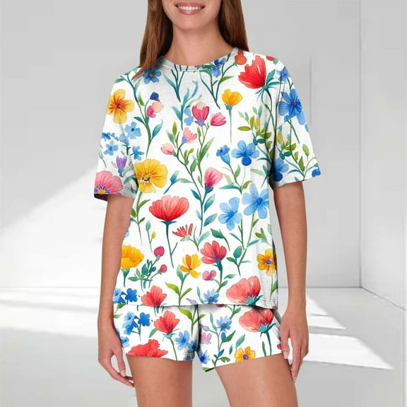 Pajamas Sets for Women 2 Piece Shorts Under $10 Casual Loose Printing Round Neck Short Sleeved Shorts Pajamas Suit