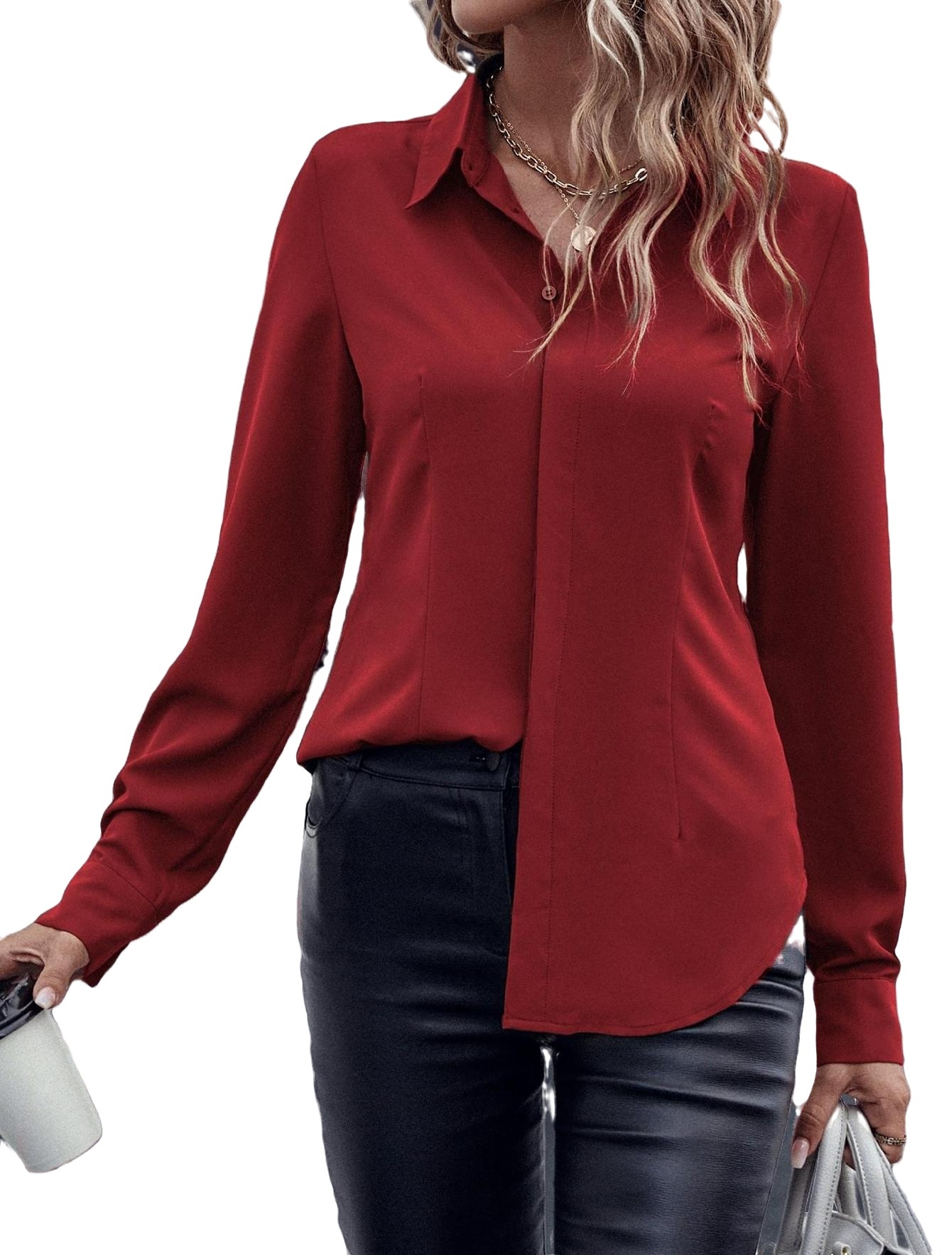 Red Casual Solid Collar Shirt Long Sleeve Women Blouses (Women's