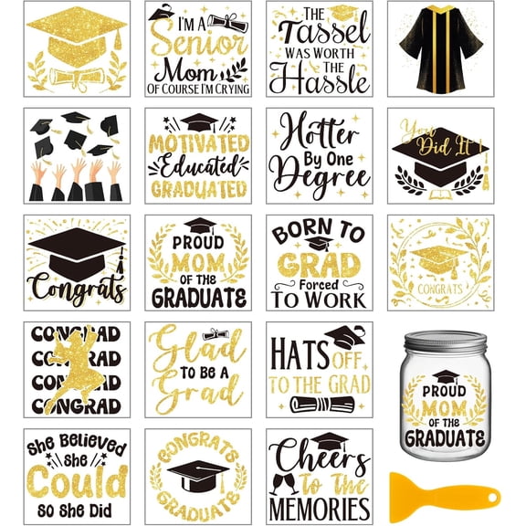 18 Sheets 3.9x3.6inch Graduation Rub on Transfer Colorful Graduation Cap Vase Home Decals Gold Text Words Cup Transfer Stickers