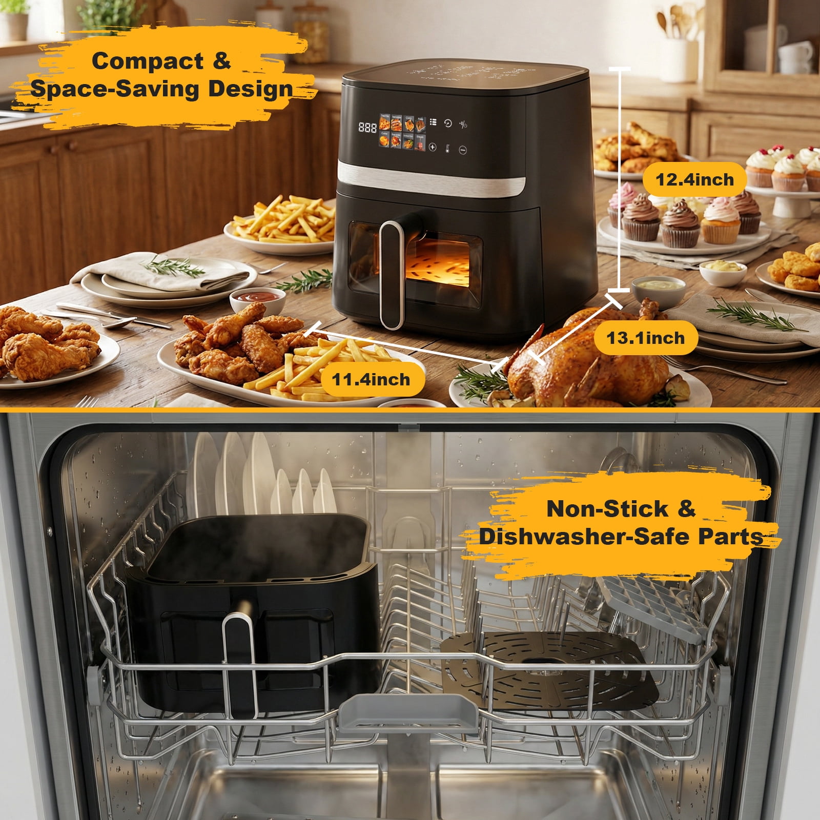 Bluebow 8QT Air Fryer, 8-in-1 Presets Electric Hot Oven with Digital LED Touchscreen, Non-stick Dishwasher-Safe Basket, Easy View Window, Black