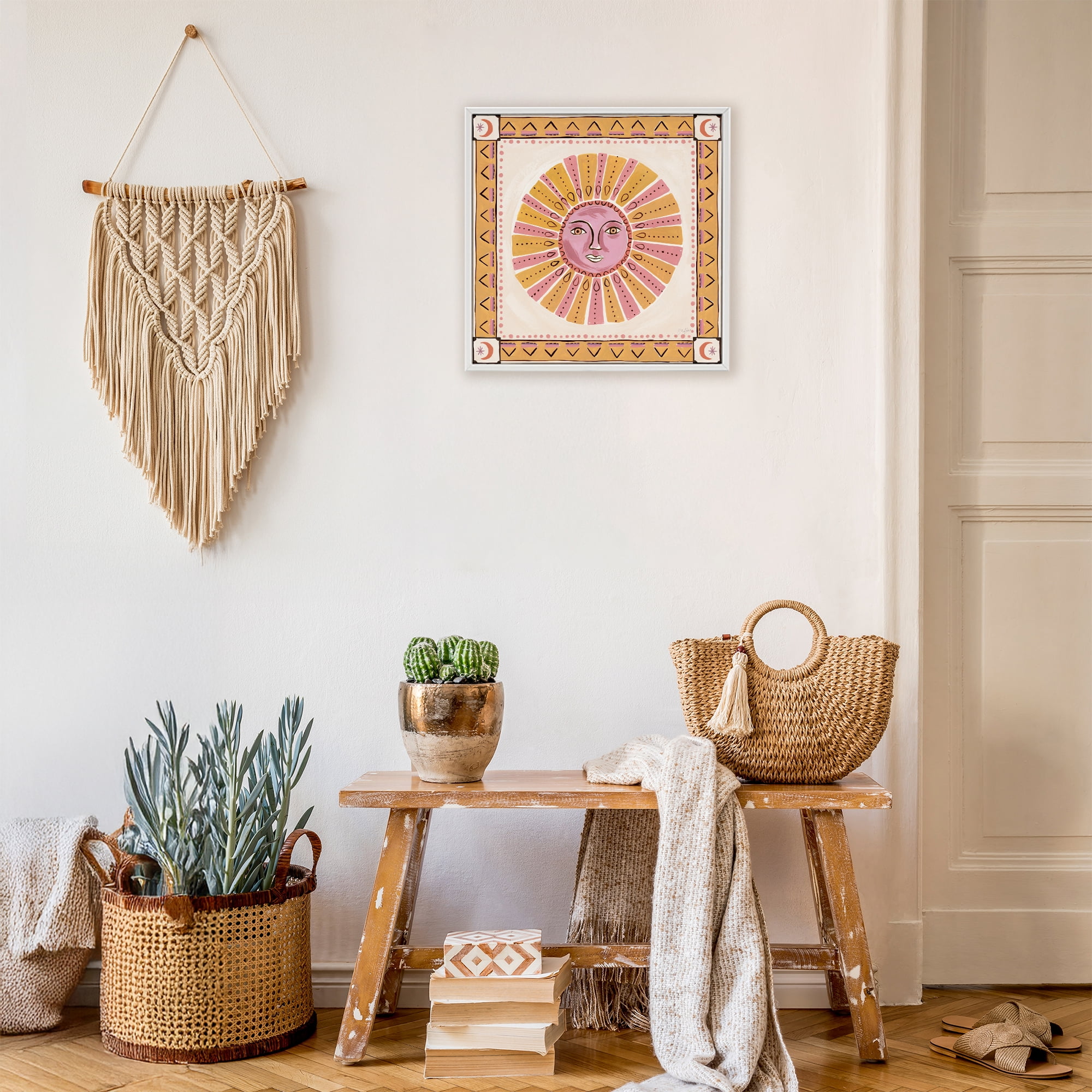 Stupell Industries Pink Sun Face with Geometric Border White Framed Giclee Art, design by Two If By Sea Studios