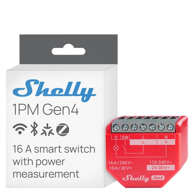 Shelly 1PM Gen4 – Módulo Interruptor Inteligente 16A Matter, Zigbee y Wi-Fi, Medición de Consumo, Control Remoto App, Luces Inteligentes, Compatible Alexa, Google Home,