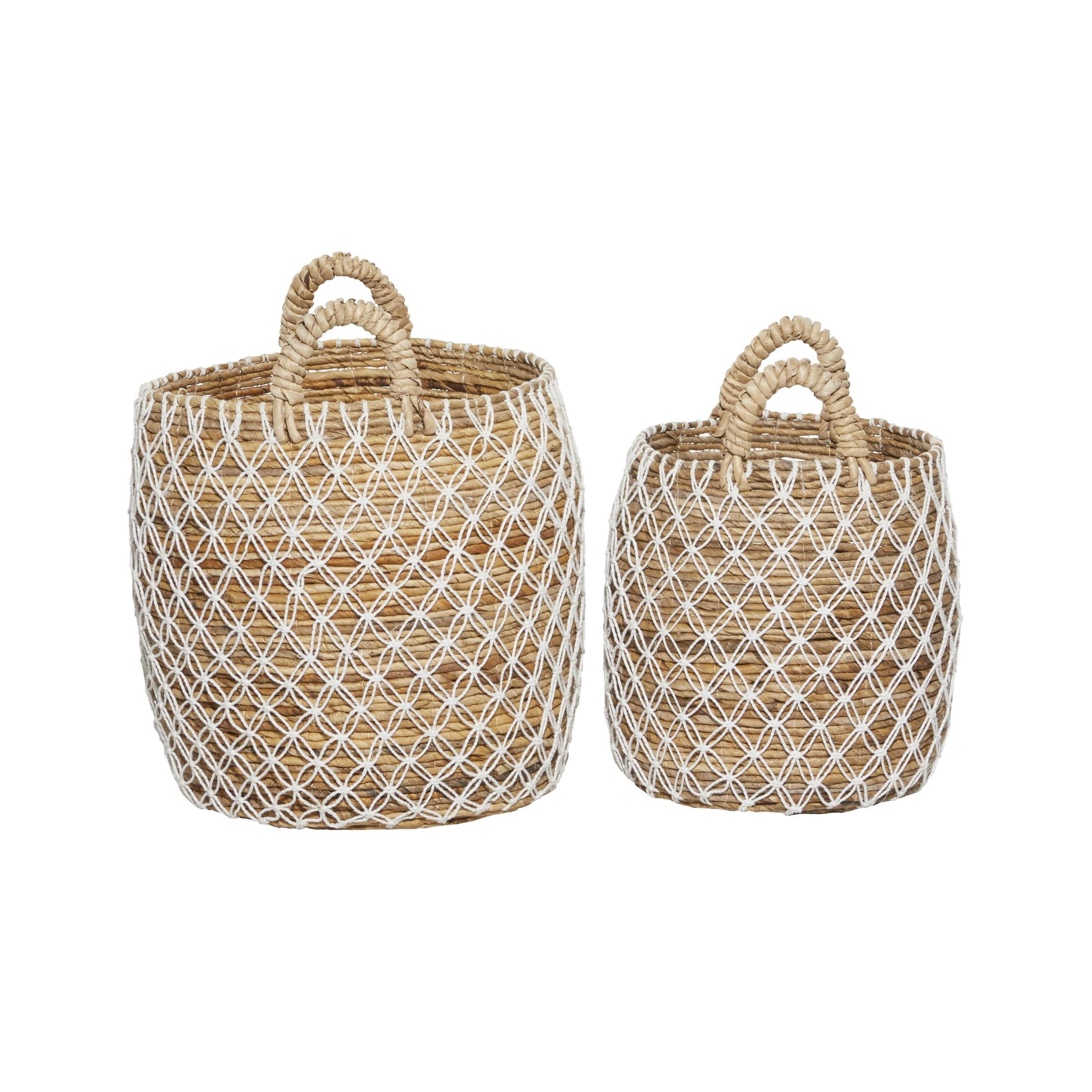 DecMode 19", 17"H Brown Banana Leaf Handmade String Detail Storage Basket with Handles, 2-Pieces