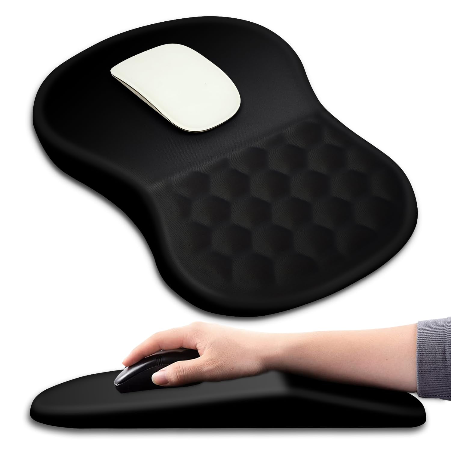 Ergonomic Mouse Pad Wrist Support with Massage Design, Wrist Rest Pain Relief Mousepad with Memory Foam&Non-Slip PU Base, Mouse Pads for Wireless Mouse & Desk (12x8 inch,Black)
