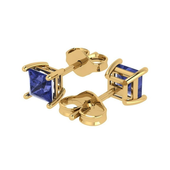 1.5 Ct Princess Cut Studs Blue Tanzanite 14K Yellow Solid Solid Gold Everyday Dainty Earrings Push Back