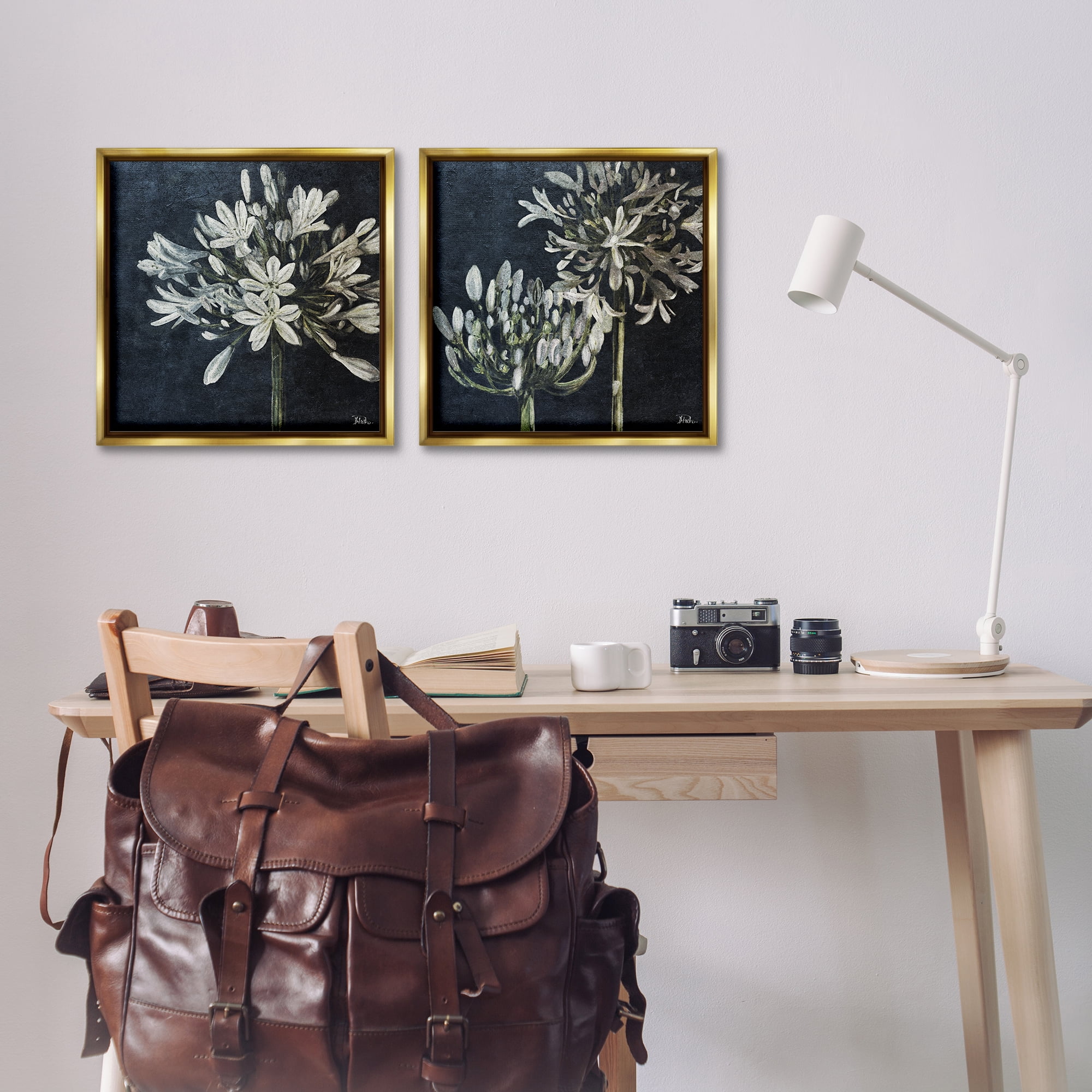 Stupell Industries Blossoming Flower Stem Plants & Flowers Painting Gold Floater Framed Canvas Art Print Wall Art, 18 x 18, Set of 2